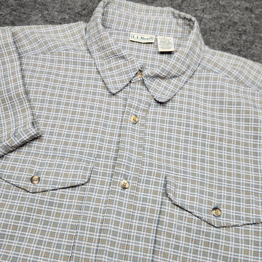LL Bean Mens Seersucker Plaid Short Sleeve Button Down Shirt Medium Tall VTG